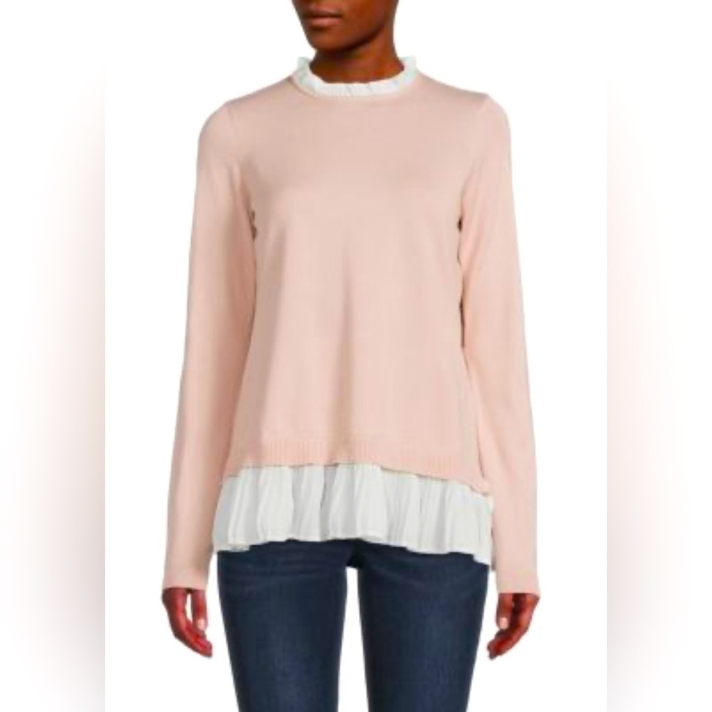 Adrianna Papell Pink Ruffled Light Sweater with Pleated Details Peter Pan Collar